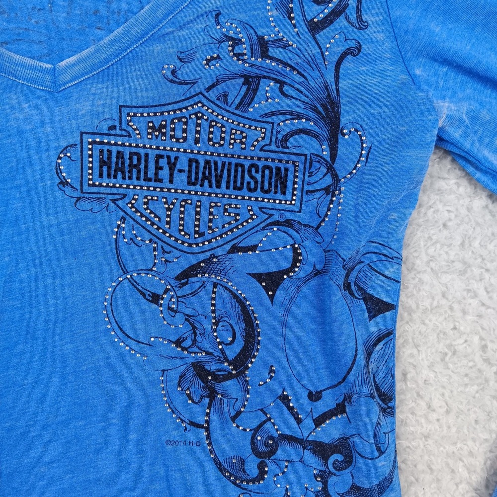 Harley-Davidson Shirt Women L Blue Rhinestone Smoky Mountain Tennessee Burnout - Picture 5 of 9